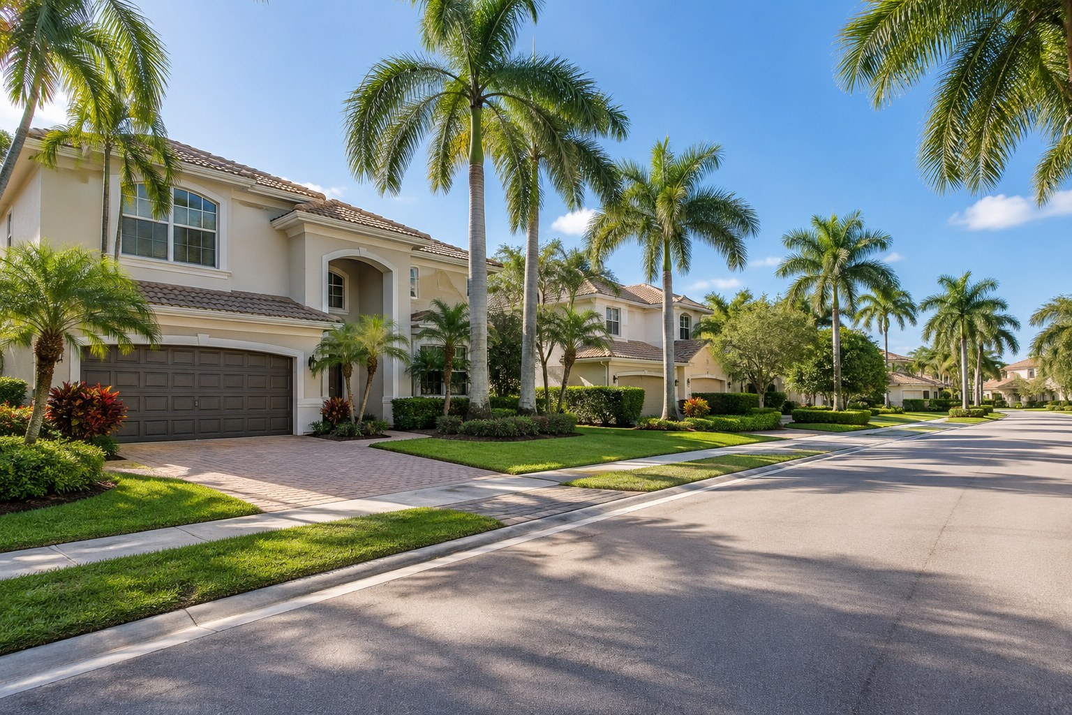 A quiet South Florida street with palms, illustrative