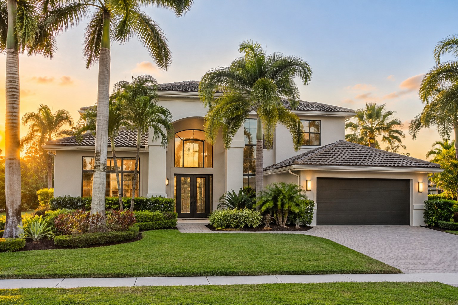 A South Florida stucco home with palms in warm evening light, illustrative