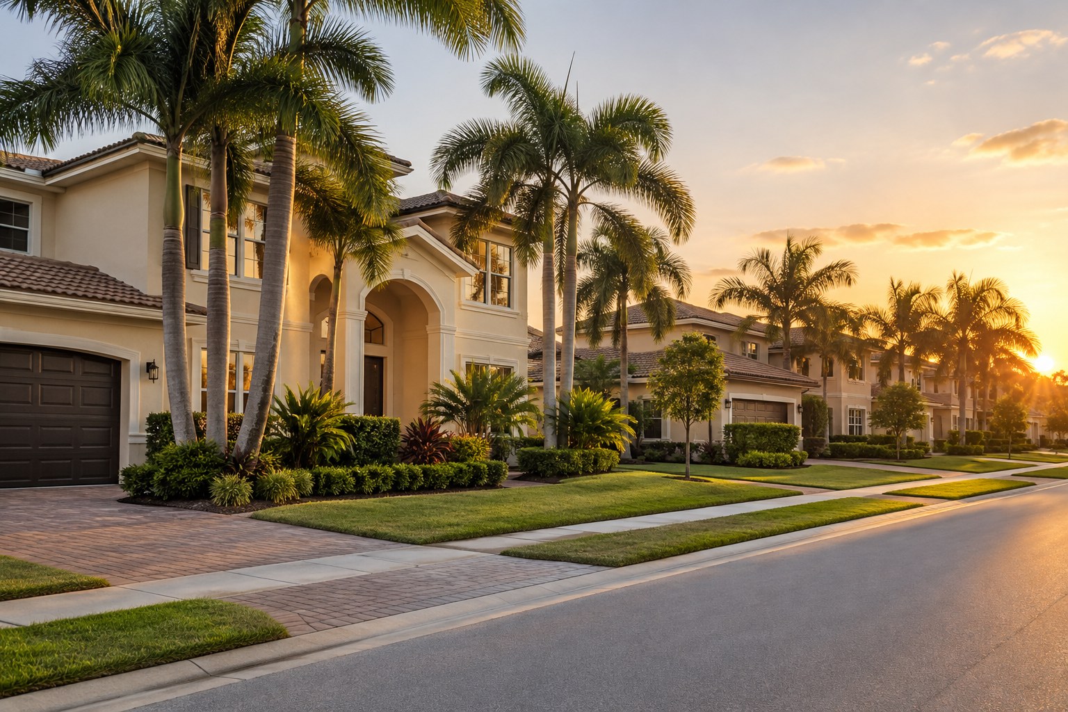 A Florida street at golden hour, illustrative