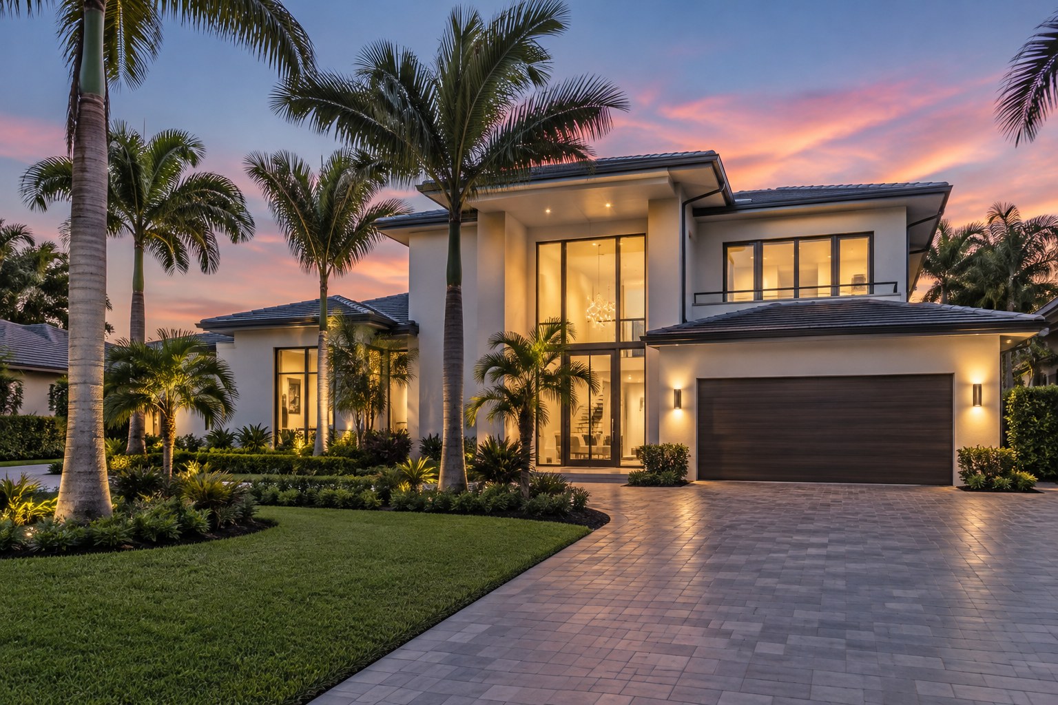 A South Florida home at dusk, illustrative
